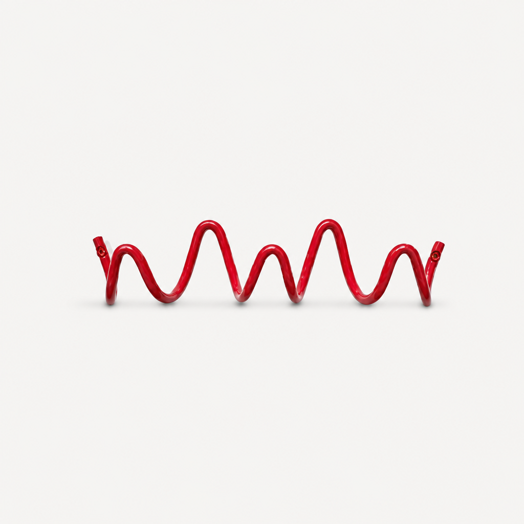 Red wavy elastic cord with small metal eyelets at both ends on a plain light background.