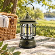 Army Green lantern beside a picnic basket in daylight.