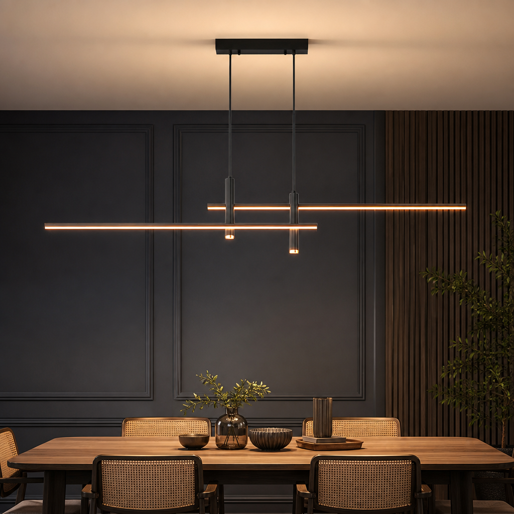 Black linear pendant light with warm glowing LED bars above a modern dining table.