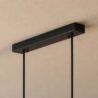 Black rectangular ceiling light canopy with two slim hanging rods on a warm beige ceiling.