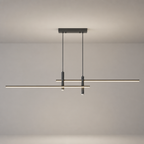 Slim linear pendant light with two hanging wires and dark cylindrical mounts on a neutral gray background.