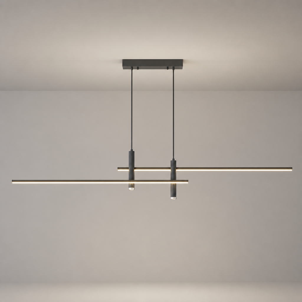 Slim linear pendant light with two hanging wires and dark cylindrical mounts on a neutral gray background.