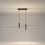 Slim black linear pendant light with twin suspension wires and cylindrical mounts.
