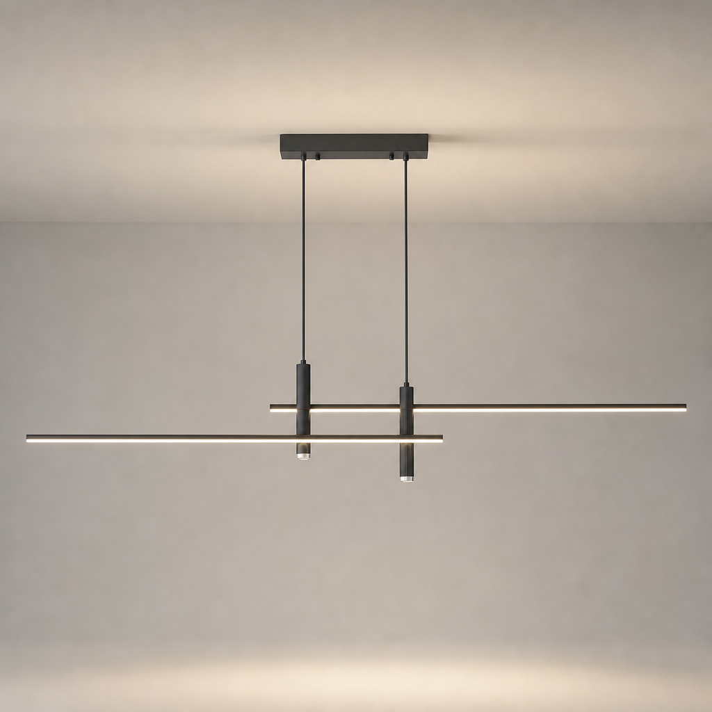 Slim black linear pendant light with twin suspension wires and cylindrical mounts.