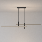 Minimal black linear pendant light with two slim horizontal LED bars suspended from a rectangular ceiling mount.