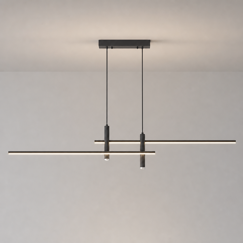 Minimal black linear pendant light with two slim horizontal LED bars suspended from a rectangular ceiling mount.
