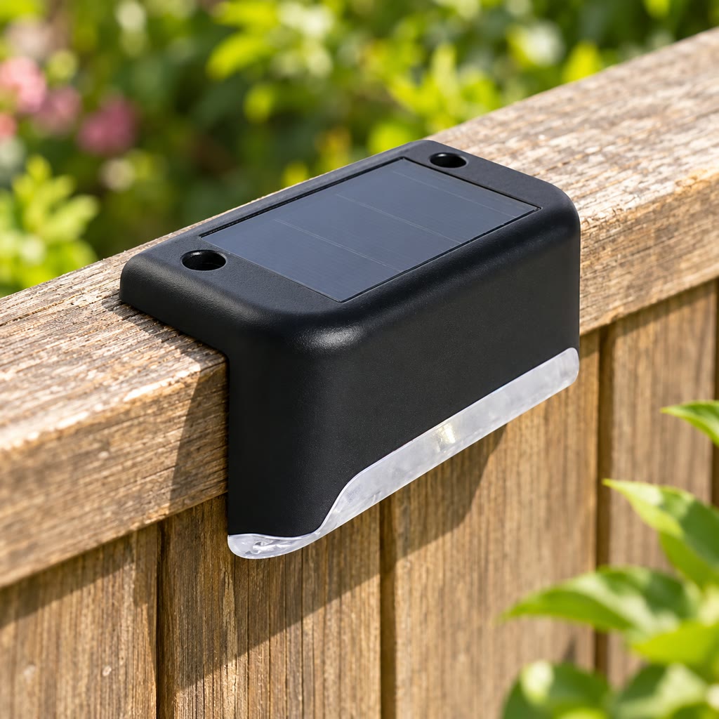 Daylight close-up of a black solar fence light over the top edge of a timber fence.