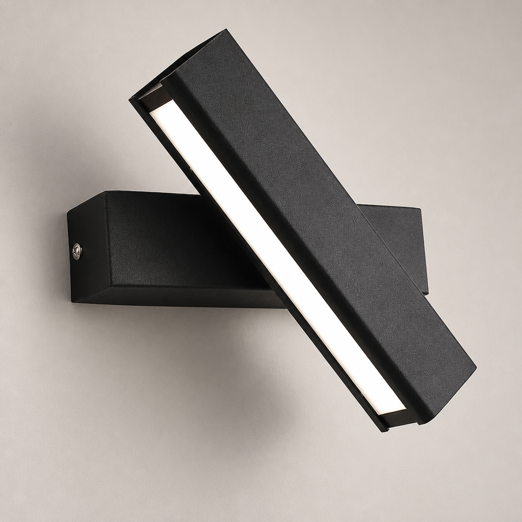 Black adjustable wall sconce with a long rectangular light bar and white diffuser.