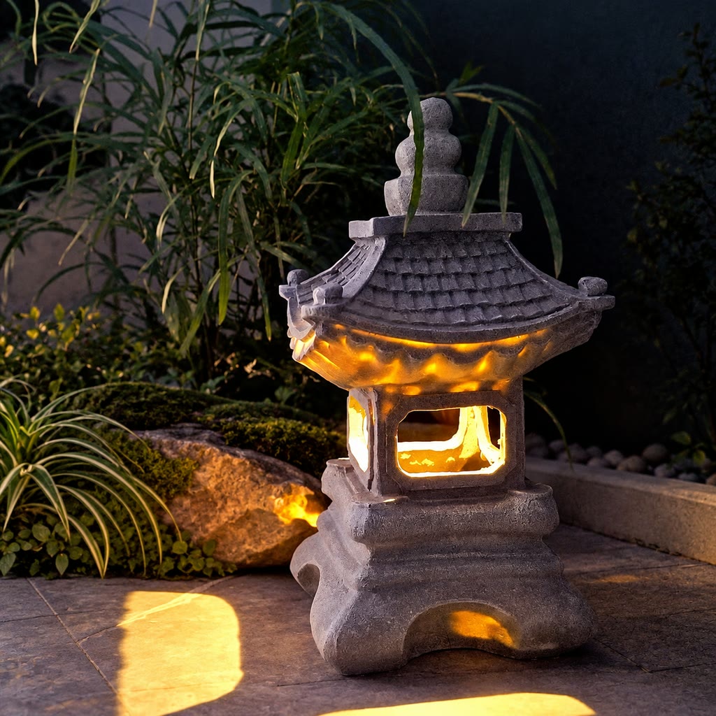 Zen Garden Collection | Solar-Powered Pagoda Garden Light with Stone Finish | Ambient Outdoor Lighting for Tranquil Spaces 0