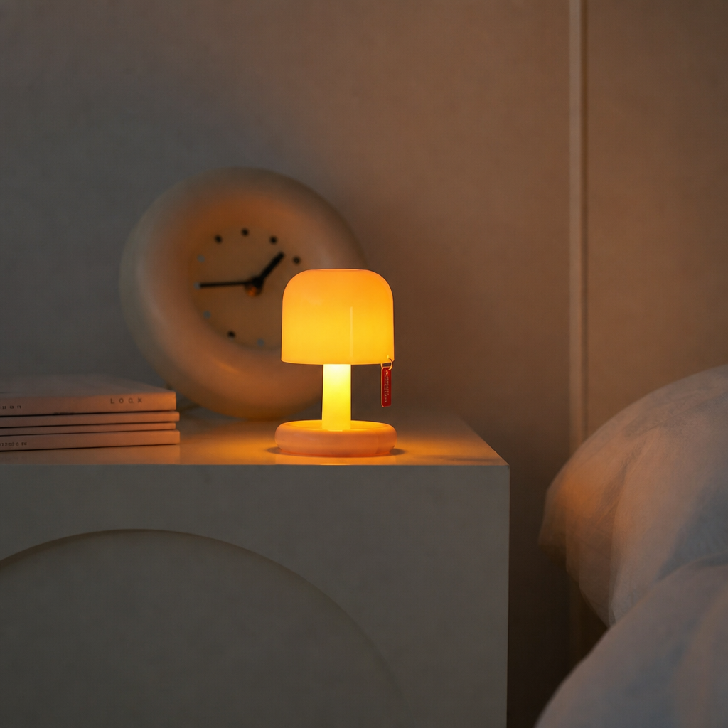 Warm glowing mushroom bedside lamp on a nightstand beside books and a bed