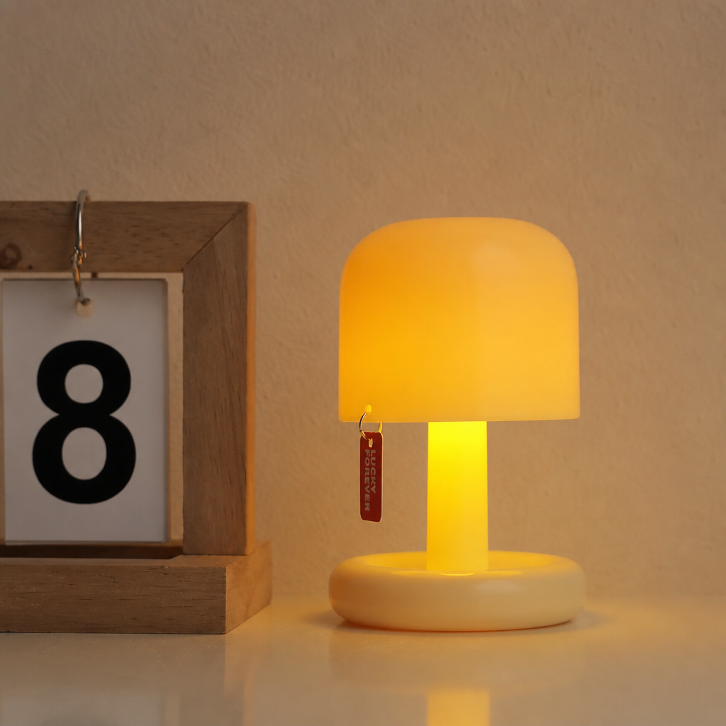 Warm cream mushroom table lamp with a red tag beside a wooden calendar block.