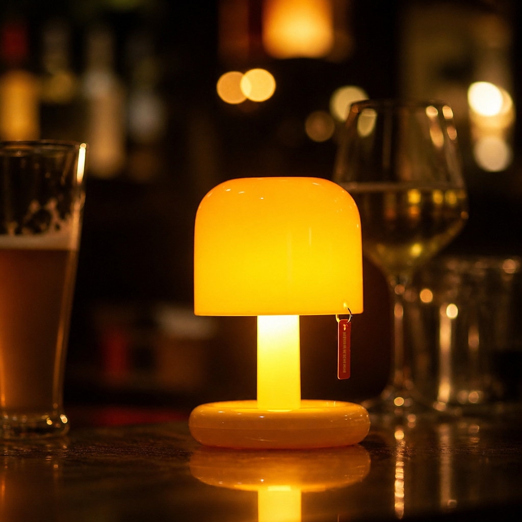 Glowing orange mushroom table lamp with a small red tag on a reflective bar counter.