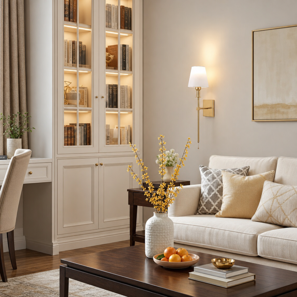 Gold wall sconce with white shade above a cozy sofa in a styled living room.