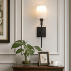 Black wall sconce with glowing white shade above a wooden table with a small leafy plant.