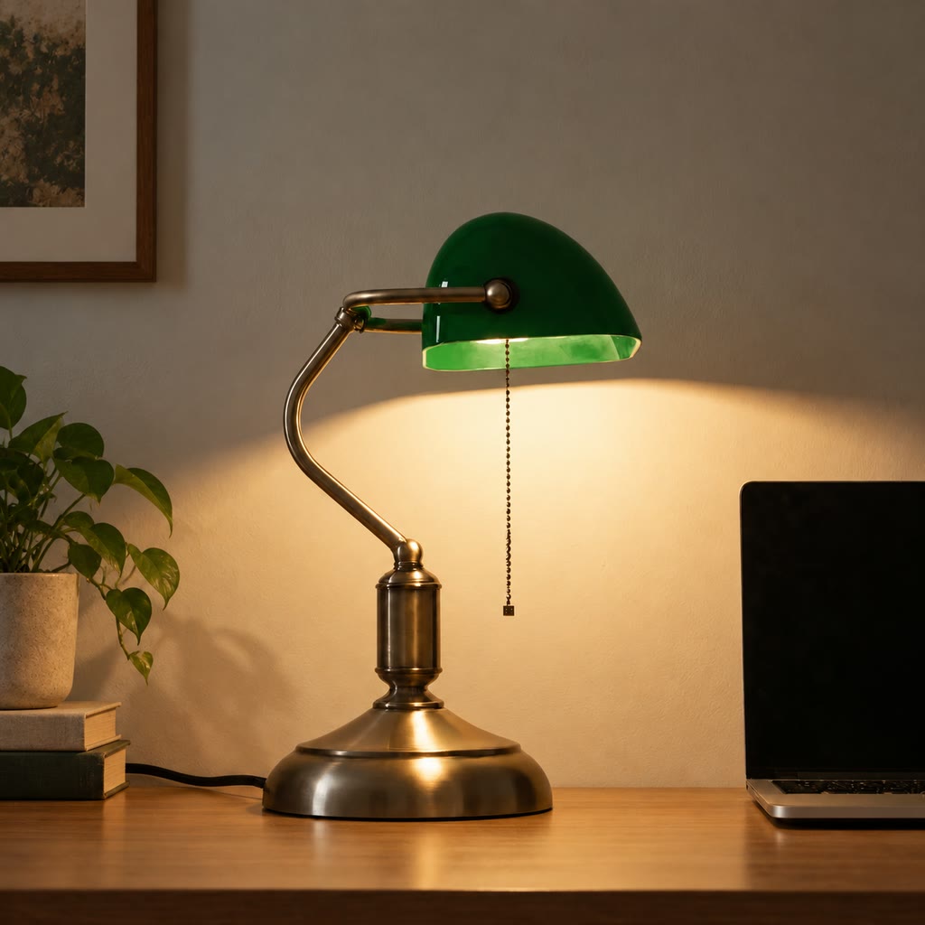Illuminated green banker’s desk lamp with pull-chain switch