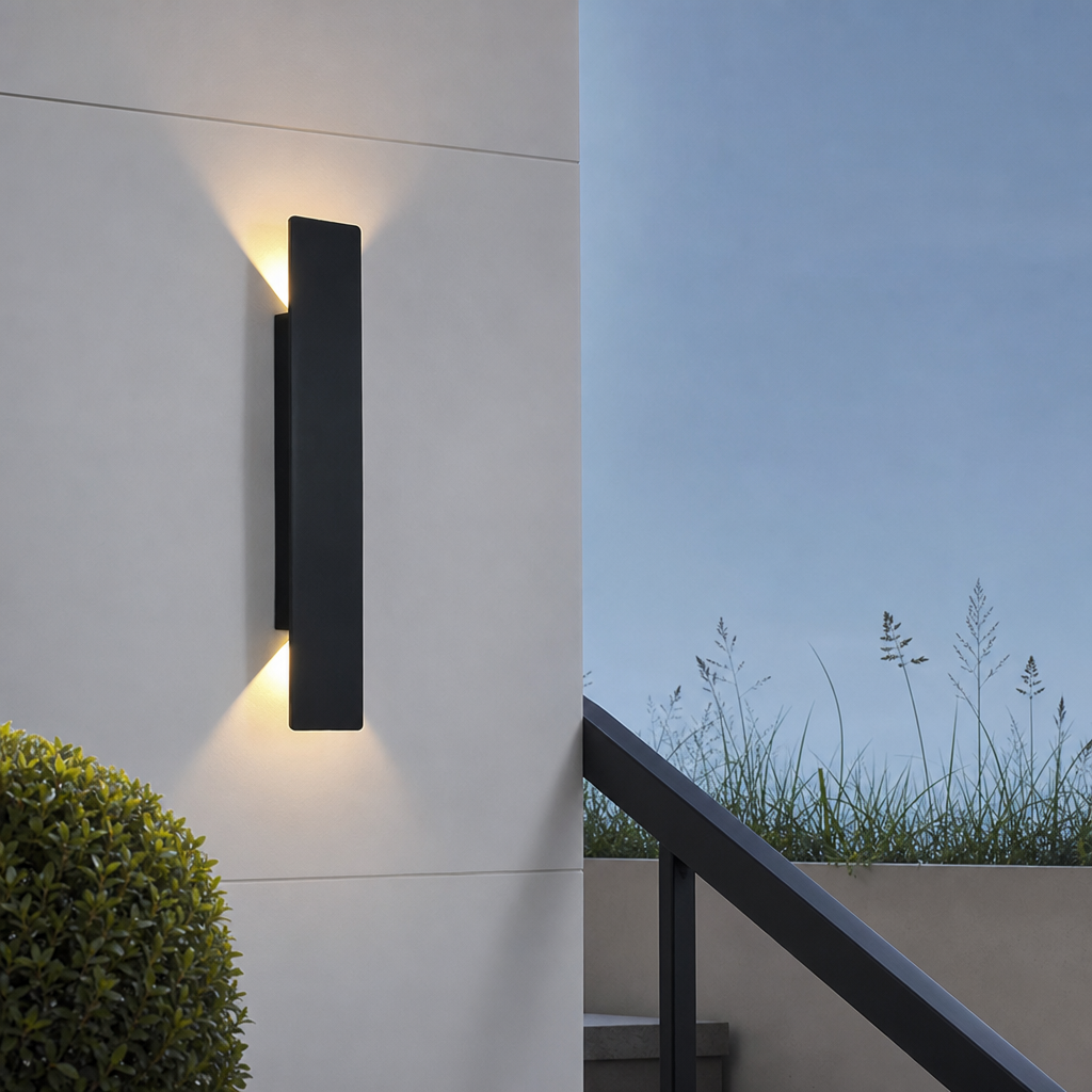 Black rectangular outdoor wall light casts warm beams on a white wall beside stairs.