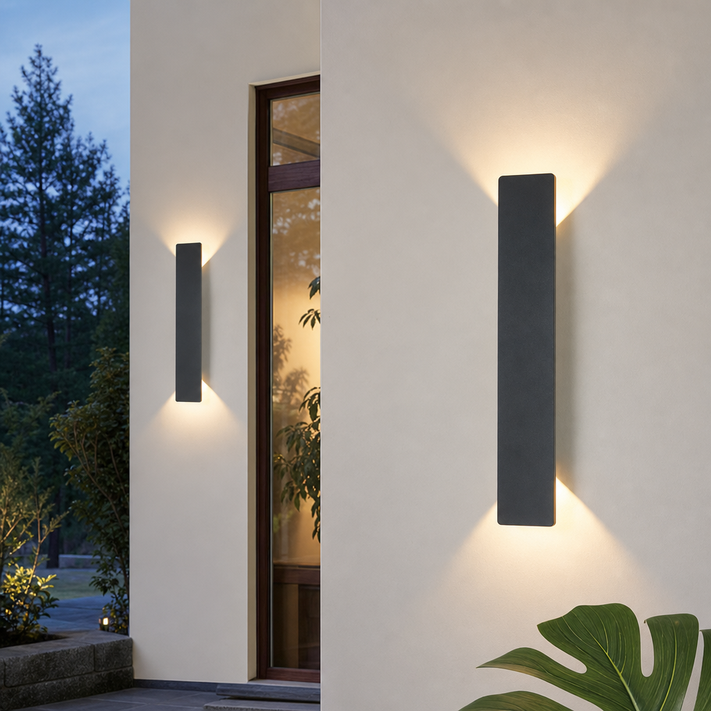 Two slim black outdoor wall sconces cast warm up and down light on a modern exterior wall.