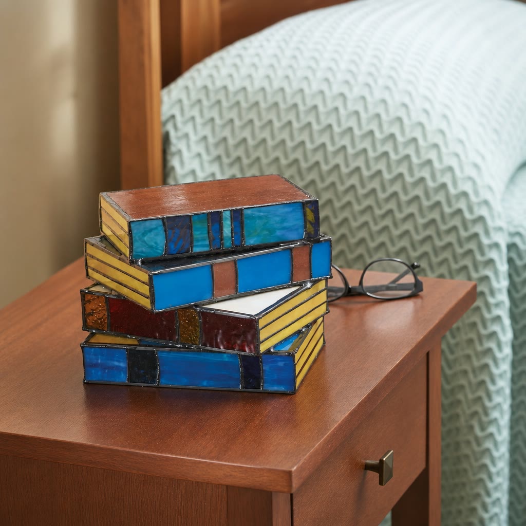 Stacked stained-glass book boxes rest on a wooden nightstand beside eyeglasses.