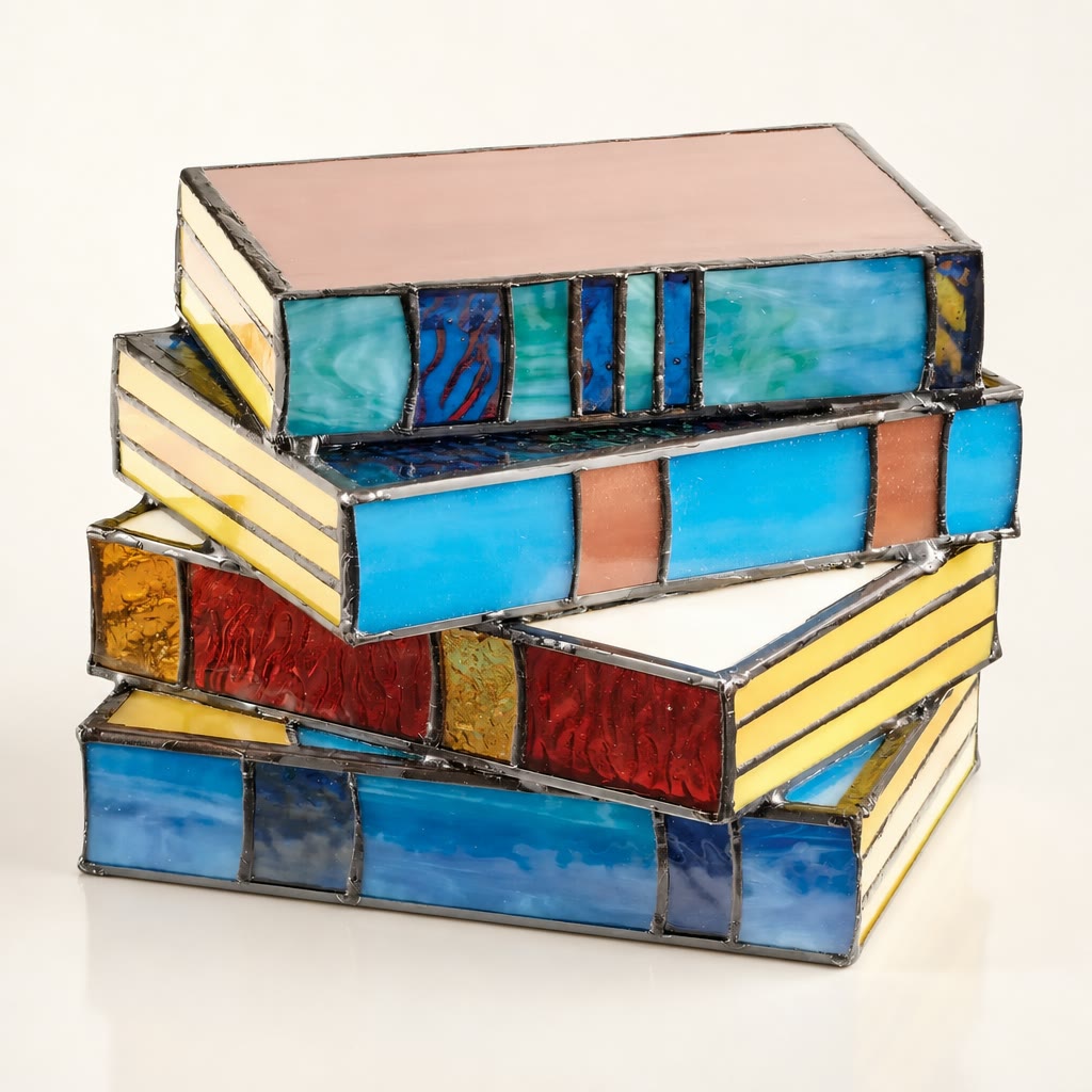 Stacked stained glass book boxes with blue, yellow, red, and peach panels.