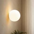 Glowing round wall light mounted above a leafy plant on a softly textured neutral wall.
