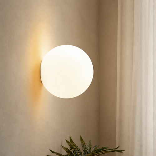 Glowing round wall light mounted above a leafy plant on a softly textured neutral wall.