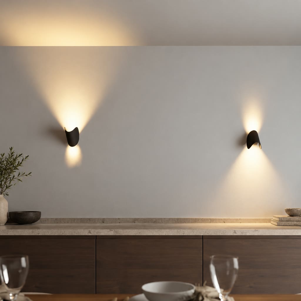 Two black wall lights above a dining-area sideboard