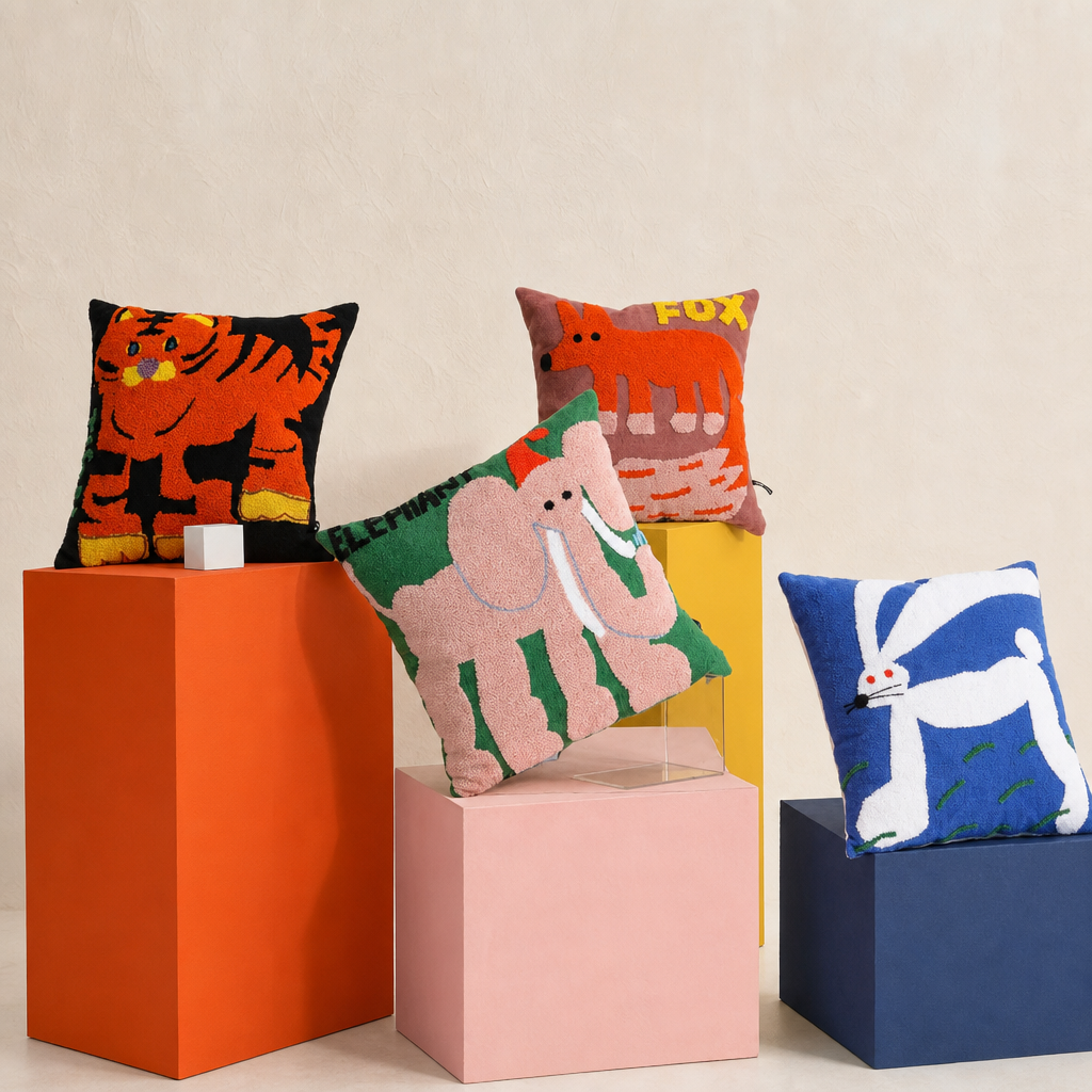 Animal-themed throw pillows arranged on colorful display blocks.