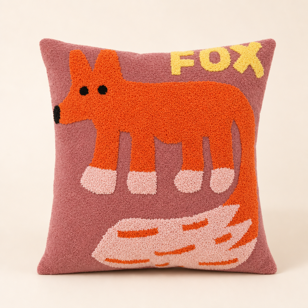 Pink square fox pillow with orange fox design and yellow FOX lettering.