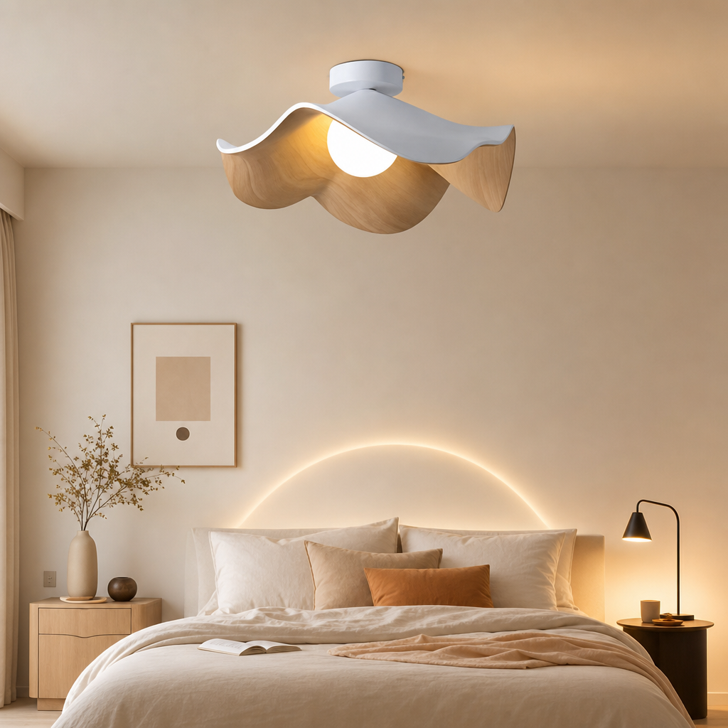 Wavy wood and white ceiling light with a glowing bulb above a cozy bed scene.