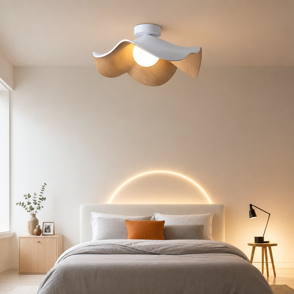 Ceiling lamp with wavy wood shade glowing above a neatly made bed in a warm minimalist bedroom.