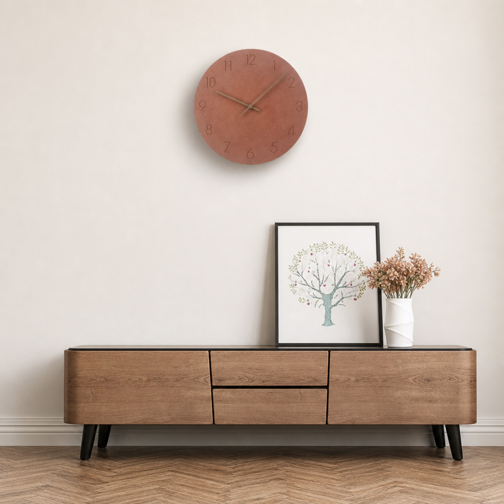 Round terracotta wall clock above a wooden media console with framed art and flowers.
