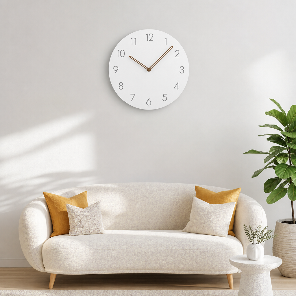 White round wall clock with gray numbers and brown hands above a cream sofa