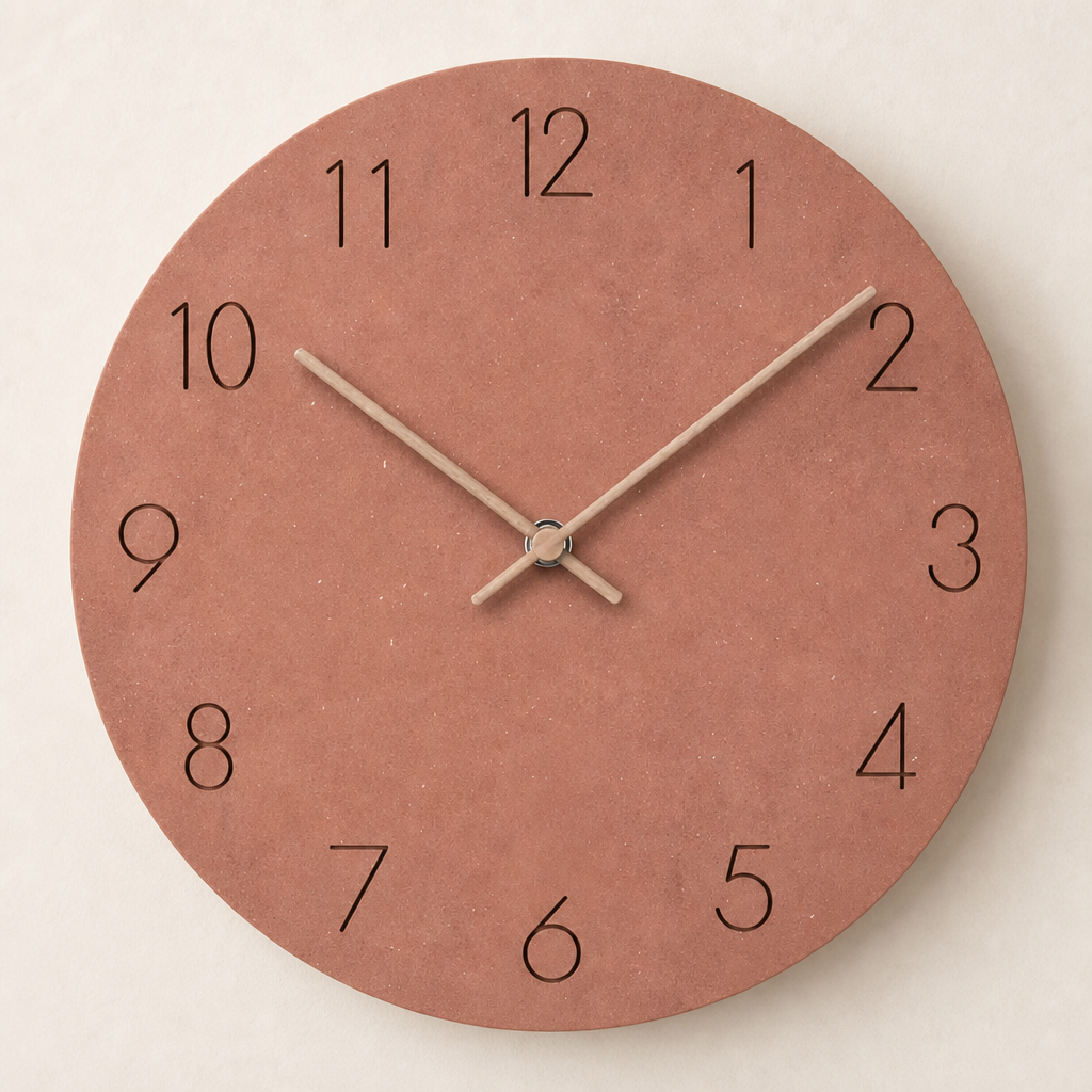 Round terracotta wall clock with black numerals and pale hands.