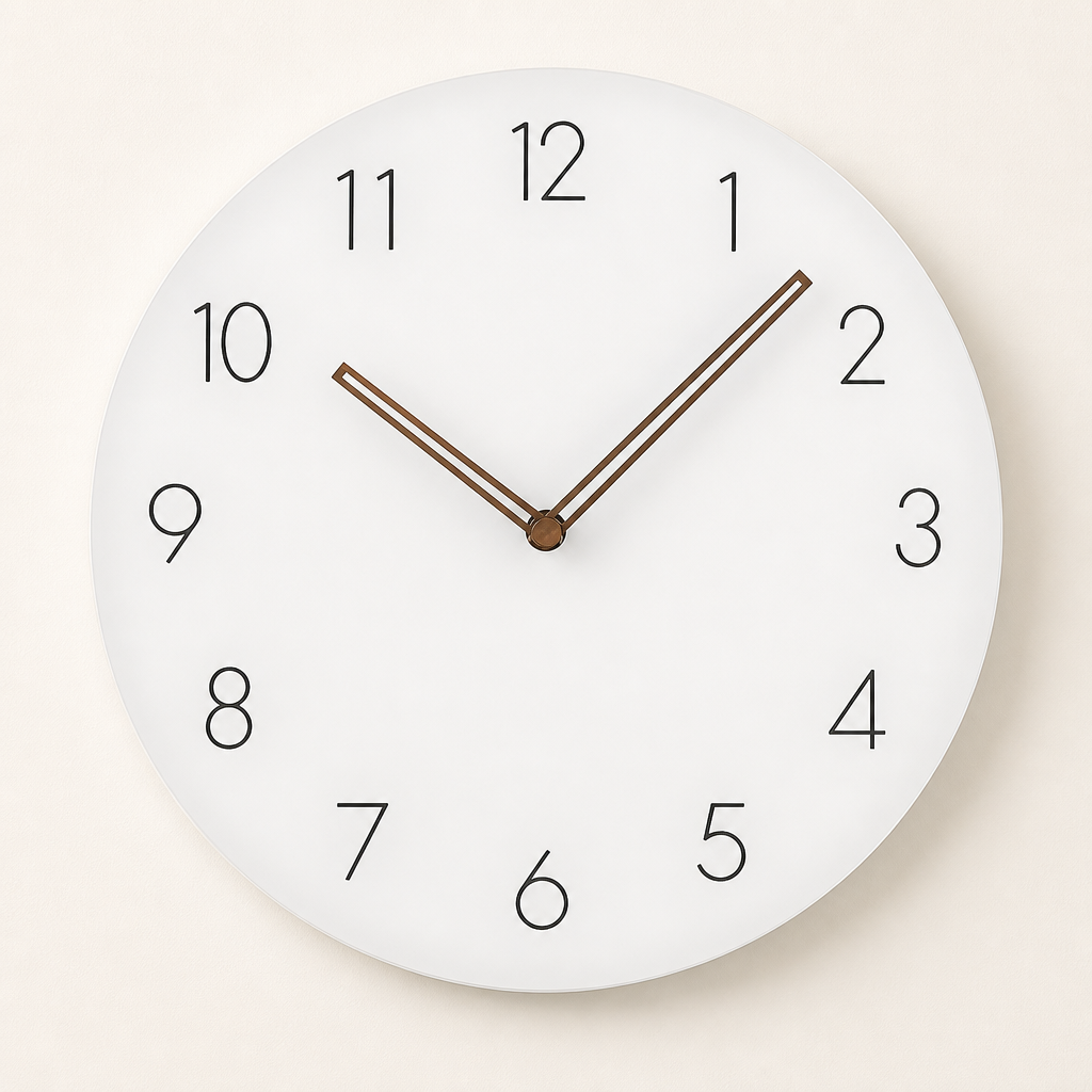 Round white wall clock with black numerals and slim brown hands centered on a light background.