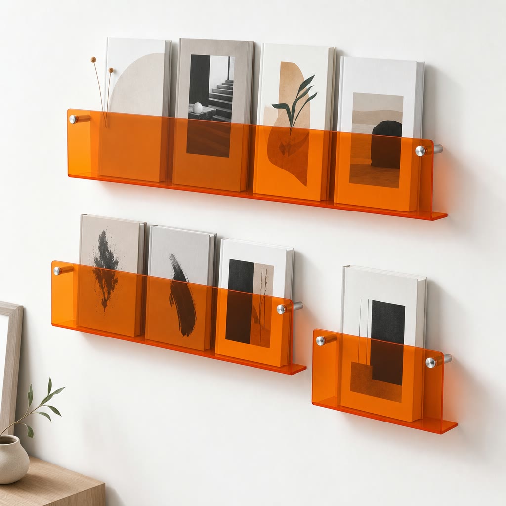 Translucent orange acrylic wall shelves display books and magazines on a white wall.