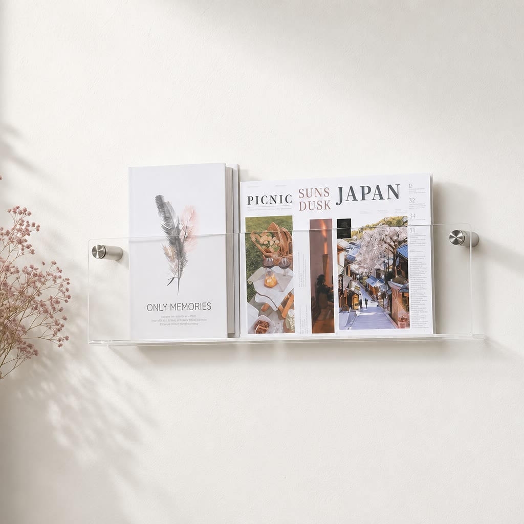 Clear acrylic wall-mounted shelf holding magazines and books with silver standoffs.