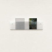 Clear wall-mounted acrylic display shelf holding two books on a white wall.