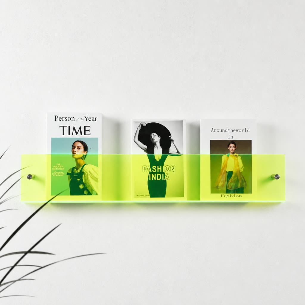 Neon green transparent wall shelf holding three fashion magazines.