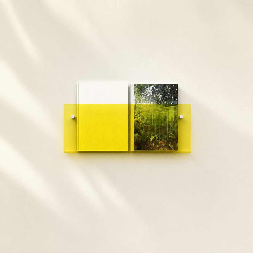 Yellow wall-mounted acrylic shelf holding two books on a pale minimalist wall.