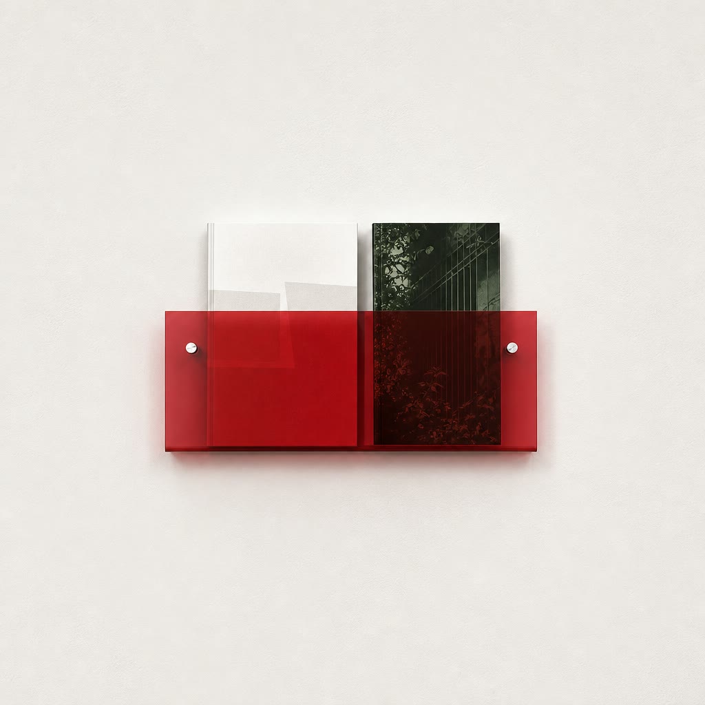 Red translucent wall-mounted magazine holder with two books on a pale wall.