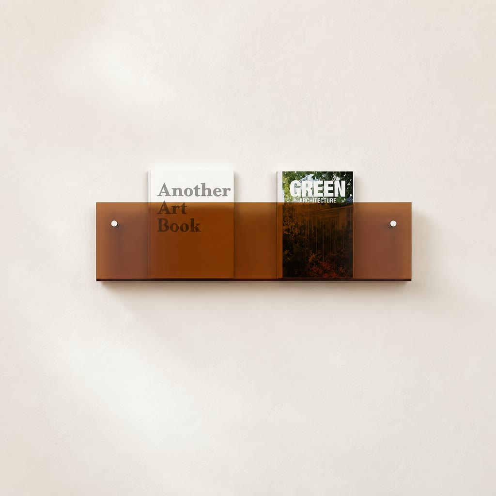 Amber transparent wall shelf holding two upright books on a light neutral wall.