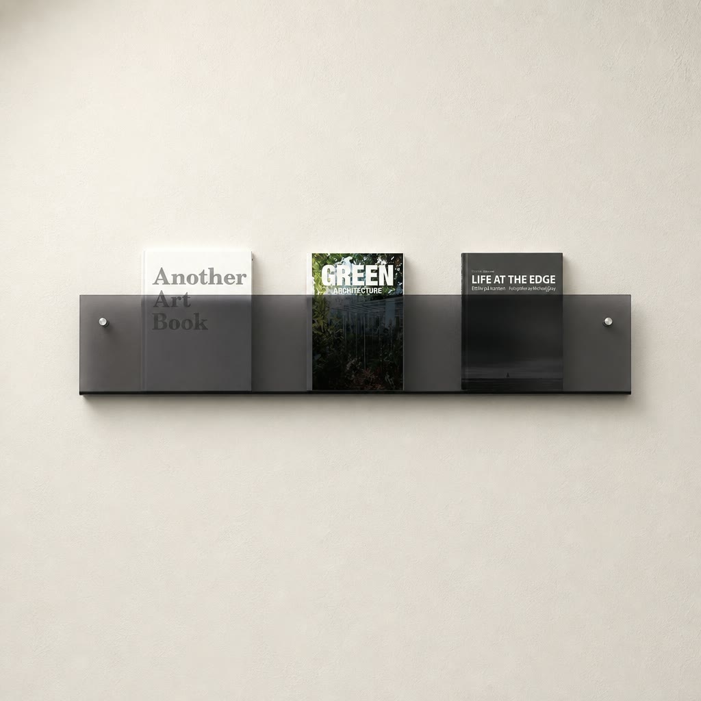Smoked gray wall-mounted acrylic book shelf holding three magazines on a plain white wall.