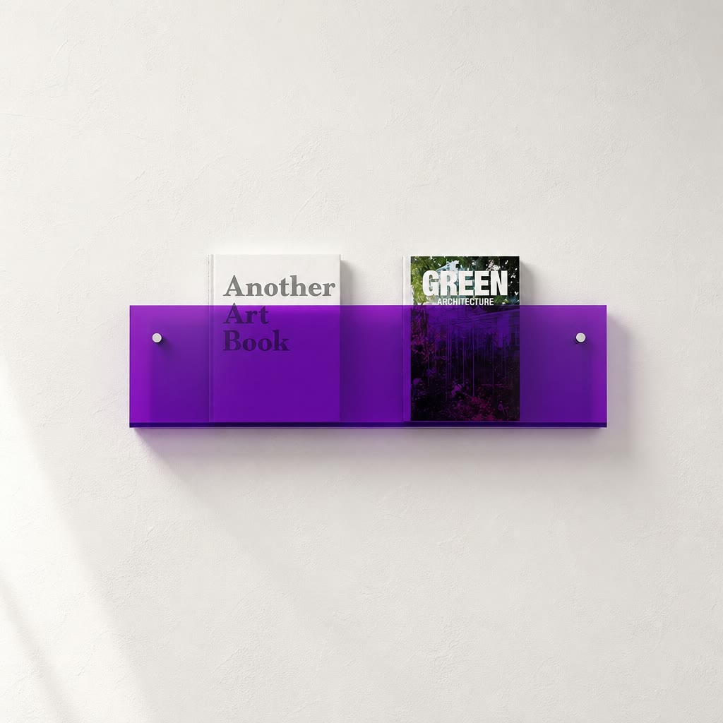 Translucent purple wall shelf holding two books on a light textured wall.
