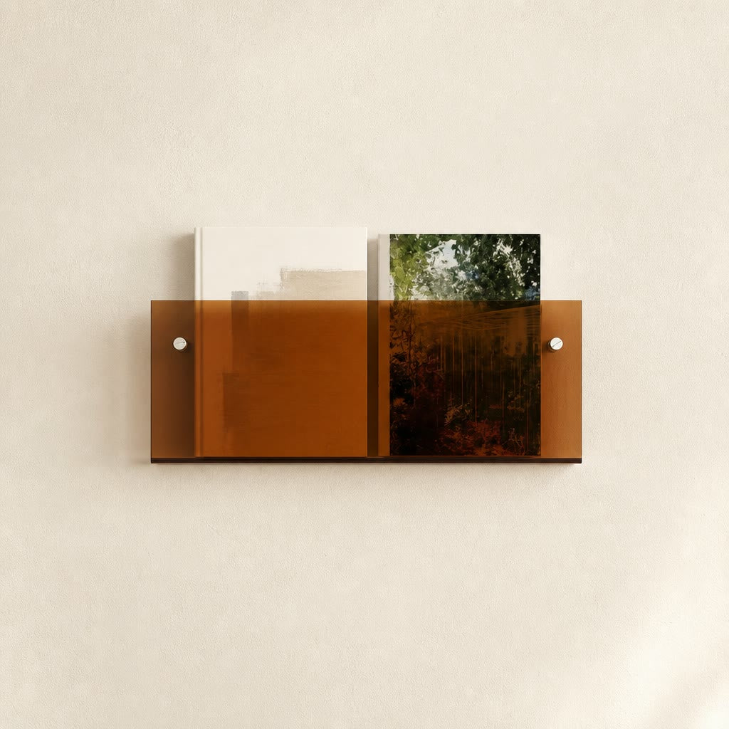 Amber wall shelf holding two books with white mounting screws on a plain light wall.