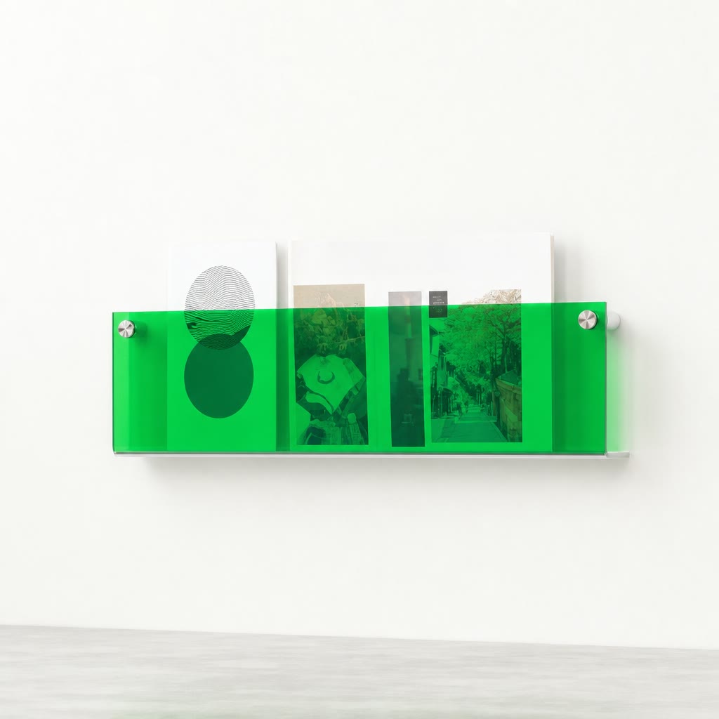 Translucent green wall-mounted magazine rack holding books and postcards.
