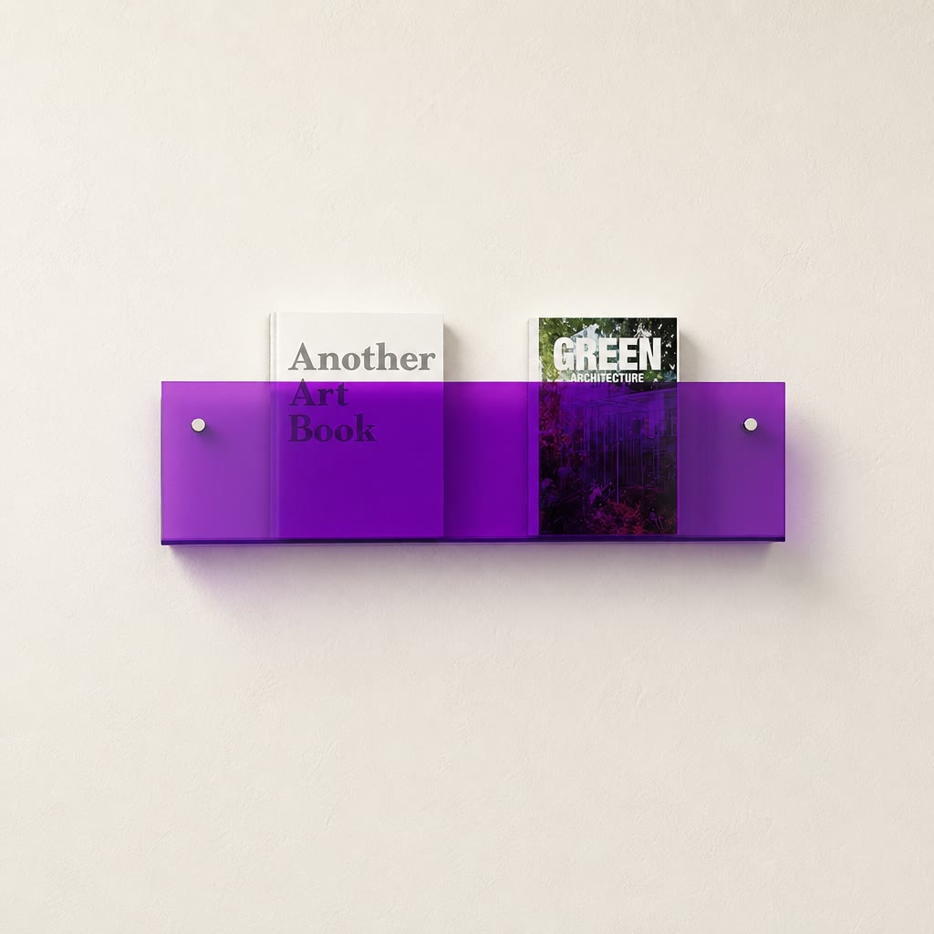 Translucent purple wall-mounted acrylic shelf holding two books on a light wall.