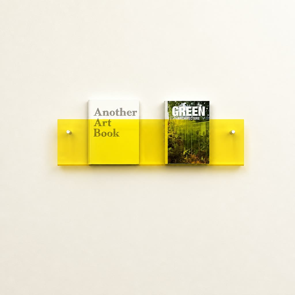 Yellow wall-mounted acrylic shelf holding two books against a pale wall.