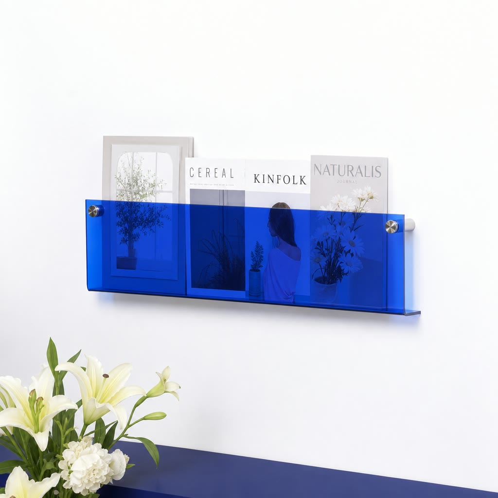 Blue wall-mounted acrylic magazine rack holding assorted magazines with flowers below.
