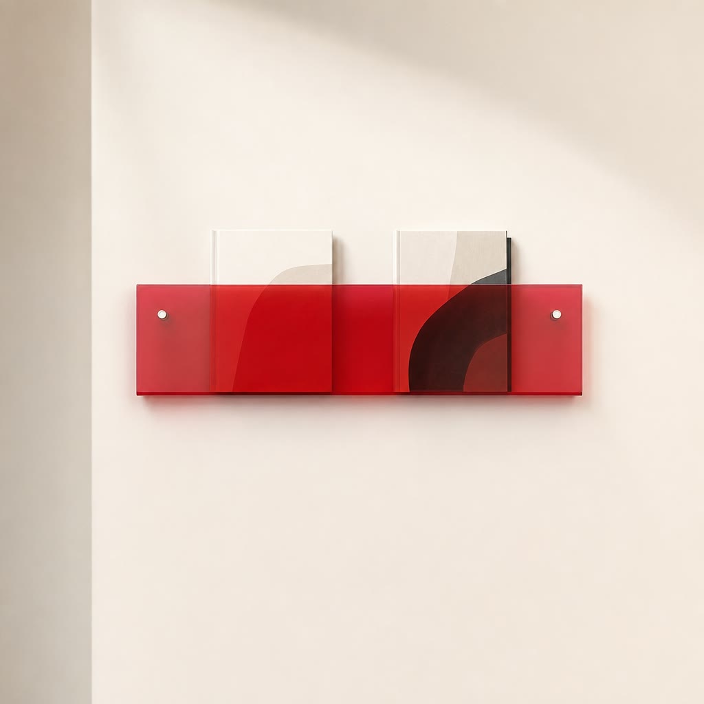 Translucent red wall-mounted magazine shelf holding two books on a pale wall.