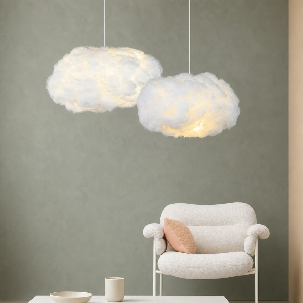 Two fluffy white cloud pendant lights glow warmly above a cozy armchair in a minimalist room.